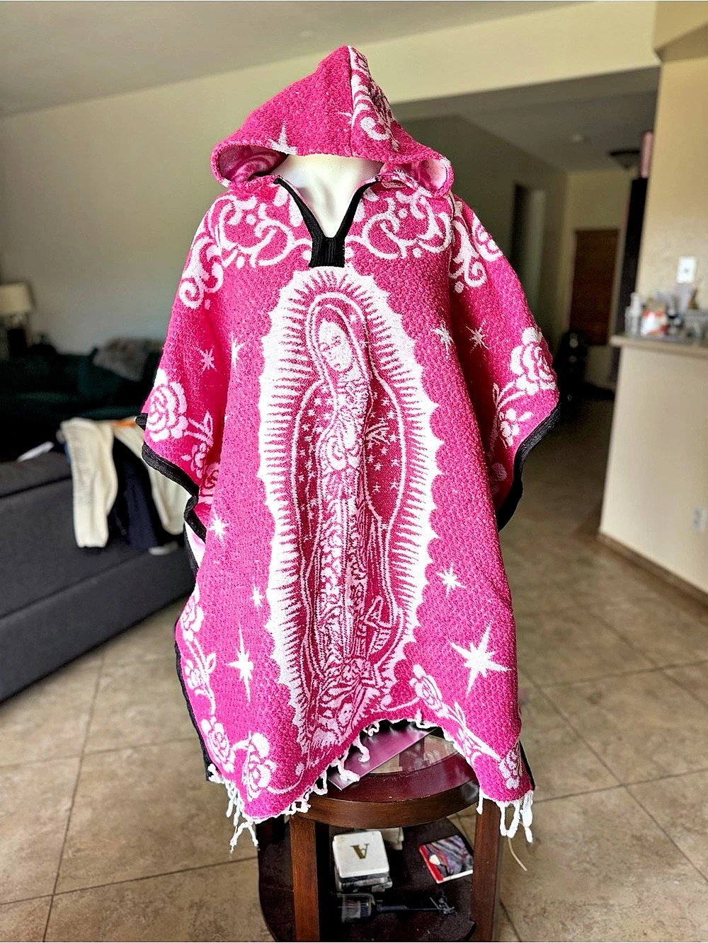 Hot Pink Virgen de Guadalupe Hooded Mexican Poncho